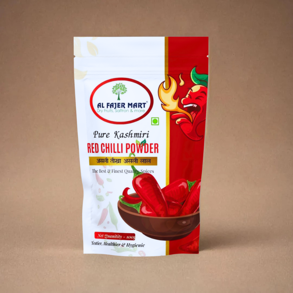 Kashmiri Red Chilli Powder from Al Fajer Mart, known for its vibrant color and mild heat.