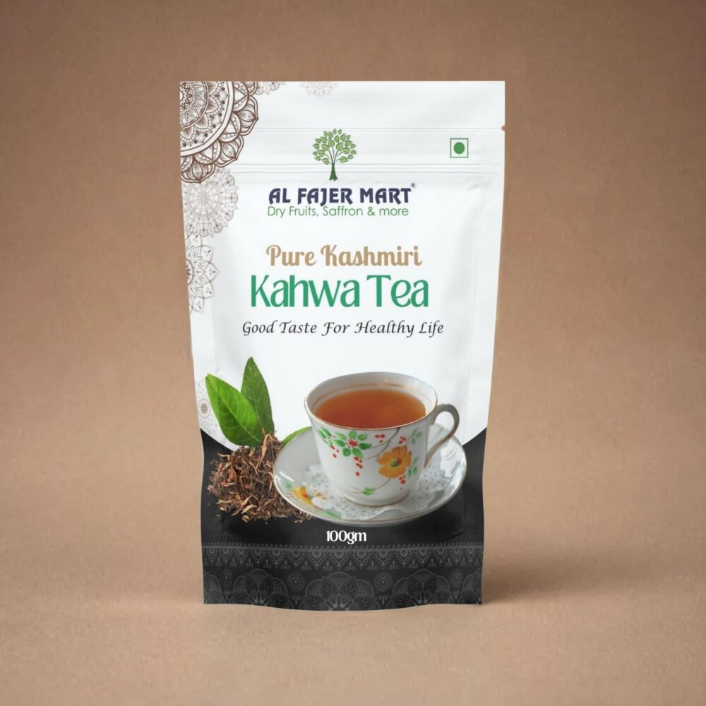 : A cup of aromatic Kashmiri Kahwa tea with green tea leaves and spices from Al Fajer Mart.